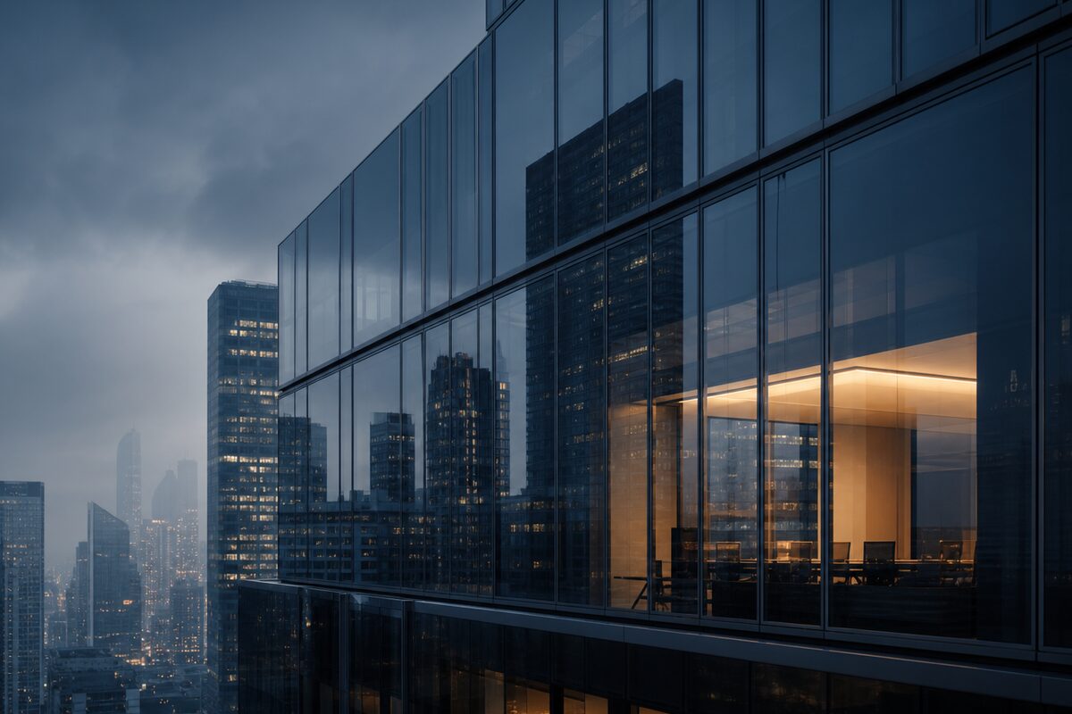 A glass tower at dusk with one lit meeting room inside