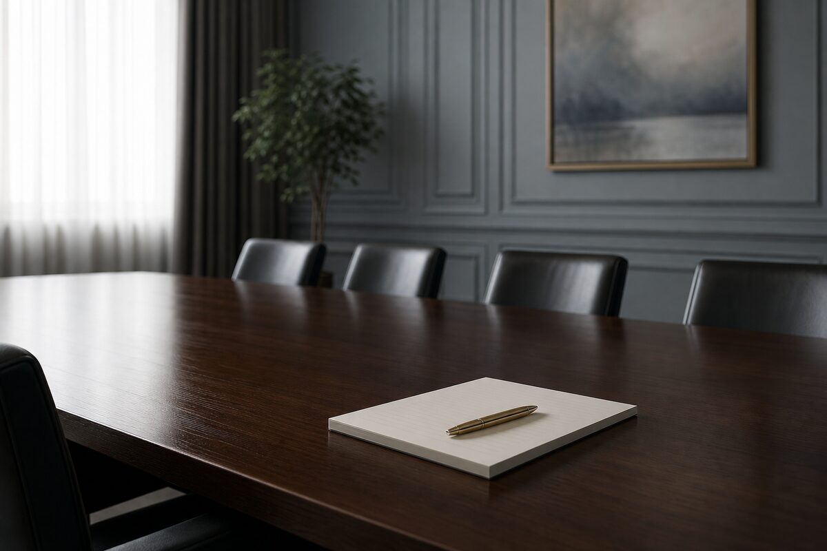 A quiet office desk with a notebook and a phone