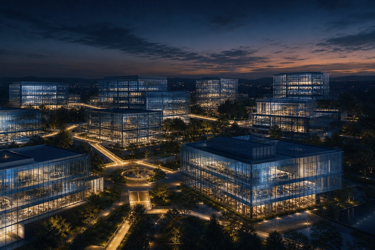 Interconnected architecture lit at dusk