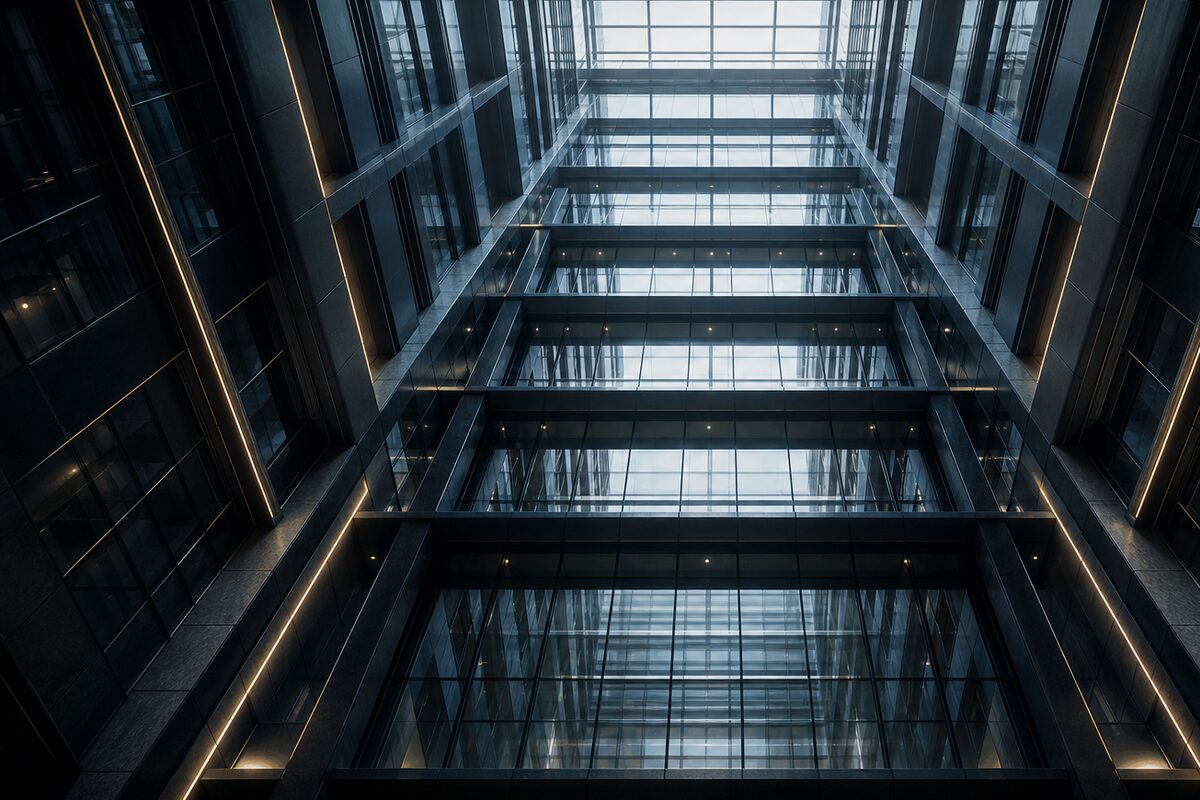 A glass atrium seen from below, floor stacked on floor