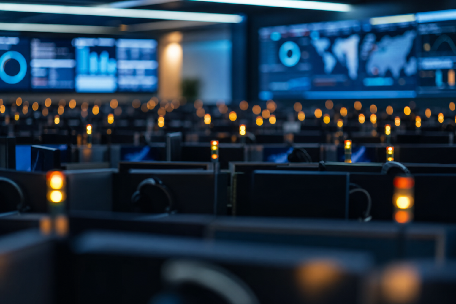 Operations floor with soft status lights representing AI-assisted insurance sales